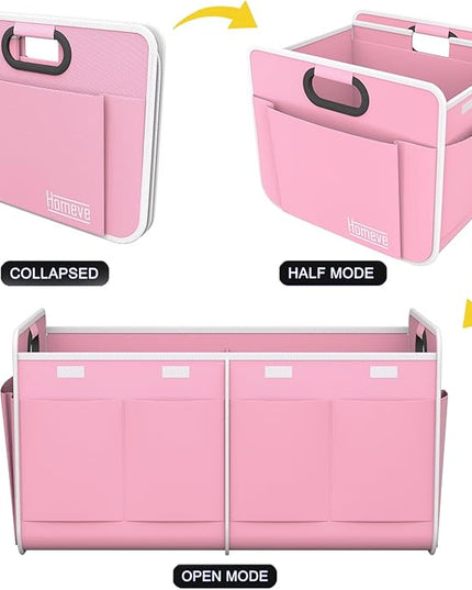 Homeve Trunk Organizer, Car Storage, Reinforced Handles, Collapsible Multi-Compartment, Foldable, Waterproof, Sturdy, 600D Oxford Polyester For Car, SUV, Mini-Van, Pink, 2 Compart