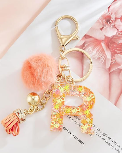 Resin Alphabet Initial Letter Keychain Keyring for Women Purse Handbags With Fur Ball Pom