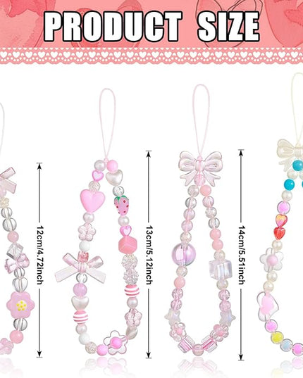 Draupnir 4pcs Phone Charms Strap, Butterfly Bow Camera Strap Wrist Beaded Phone Bracelet Wrist Straps, Pearl Bracelet Lanyard Keychain Charm for Women