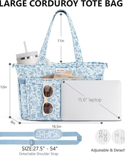 Corduroy Tote Bag for Women, 17 Pockets Laptop Work Tote Bag Lightweight Teacher Nurse Bible Bag for School Travel | with 40oz Cup Holder, Multi Compartment, Zipper Crossbody Bag, College Shoulder Bag, Daily Purse w/ Strap, Ideal Gift for Women