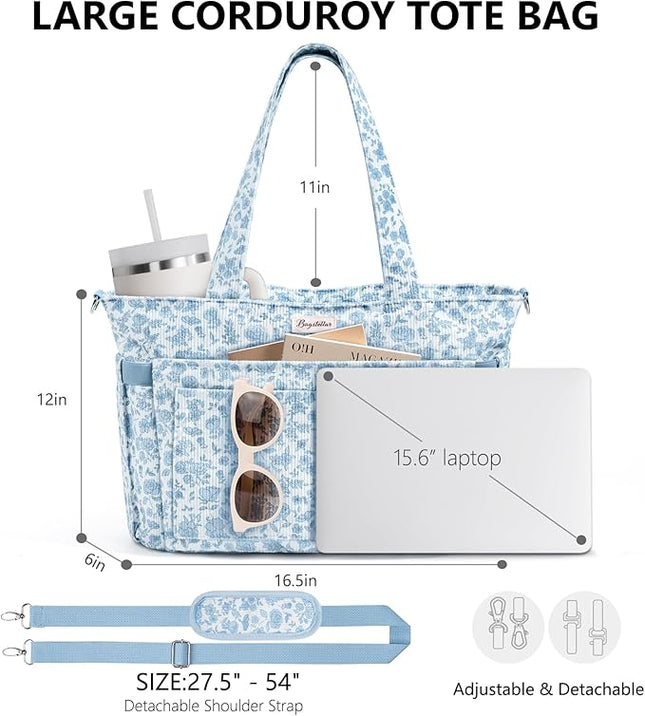 Corduroy Tote Bag for Women, 17 Pockets Laptop Work Tote Bag Lightweight Teacher Nurse Bible Bag for School Travel | with 40oz Cup Holder, Multi Compartment, Zipper Crossbody Bag, College Shoulder Bag, Daily Purse w/ Strap, Ideal Gift for Women
