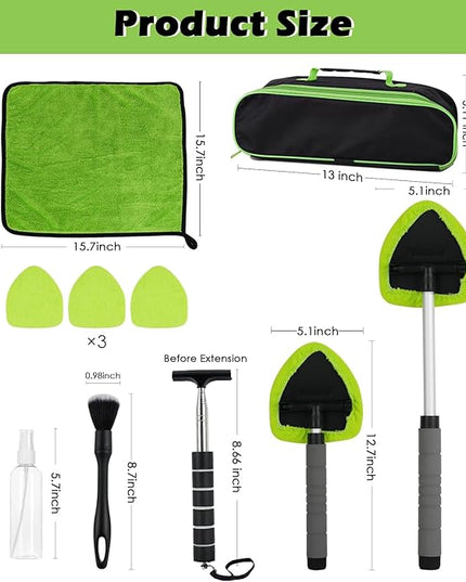 7PCS Windshield Cleaner Tool, Car Windshield Cleaner Tool+Side Mirror Squeegee +3 Microfiber Pads+100ml Spray Bottle+1 Detailing Brush,12-19inches Extendable Handle,180° Rotation