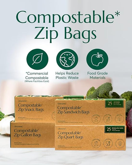 Cleanomic Compostable Zip Sandwich Bags - Leak Resistant, Gallon, Quart, Sandwich, Snack - 125 Count