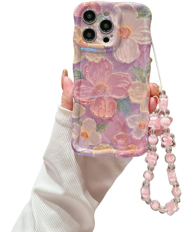 for iPhone 15 Pro Wavy Case, [Curly Protection Frame][Vintage Glossy Oil Painting Floral Print] with Lovely Bead Chain for Grils and Women (Pink)