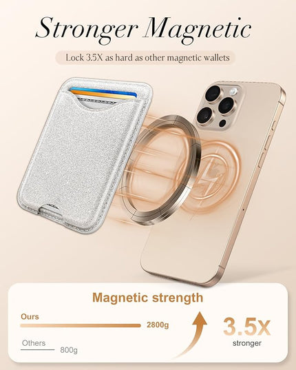 Shorogyt Compatible with Magsafe Wallet Magnetic Card Holder - Glitter Silver Phone Wallets for Women Teen Girls for iPhone 17/16/15/14/13/12 Series Slim for Apple Mag RFID Magnet, Fit 3 Cards