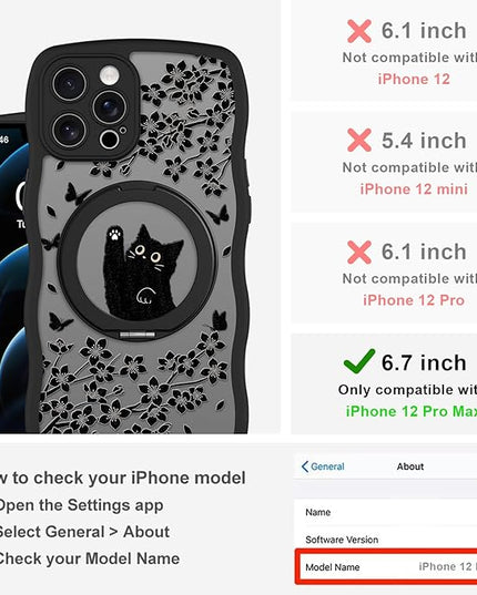 Wavy Case for iPhone 12 Pro Max Case with Stand [Compatible with MagSafe] Cute Black Cat & Floral & Butterflies Pattern Design, Kawaii 360 Magnetic Ring Kickstand Phone Cover for Women Girls