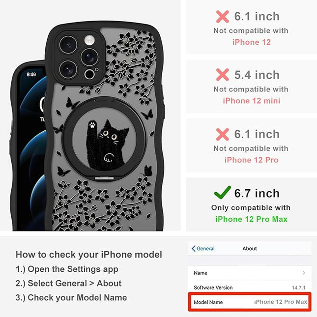 Wavy Case for iPhone 12 Pro Max Case with Stand [Compatible with MagSafe] Cute Black Cat & Floral & Butterflies Pattern Design, Kawaii 360 Magnetic Ring Kickstand Phone Cover for Women Girls