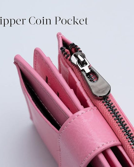 Bveyzi Women's Small Leather RFID Blocking Bifold Zipper Pocket Wallet Ladies Credit Card Slots Purse with id Window