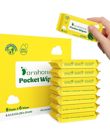 Unscented Travel Wet Wipes, 99% Purified Water Mini Wipes for Sensitive Skin, Hypoallergenic & Plastic-Free Pocket Wipes, 144 Count (24 Packs of 6)