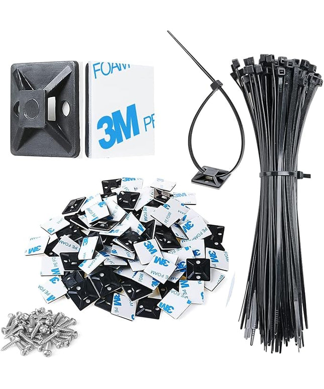 200pcs 3/4" Back-Glue Self Adhesive Black Strong Cable Zip Tie Mounts with 8" Ties, Screws, UV Protection Outdoor Sticky Wire Fasteners Cable Clips Management Anchors Organizer Holders Squares