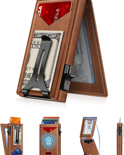 GHUKY Wallet for Men RFID Wallet with Money Clip, Slim Pop Up Card Holder for 10-12 Cards, Minimalist Smart Credit Card Case with ID Window, Bifold Metal Wallet for Front Pocket, Gifts for Men