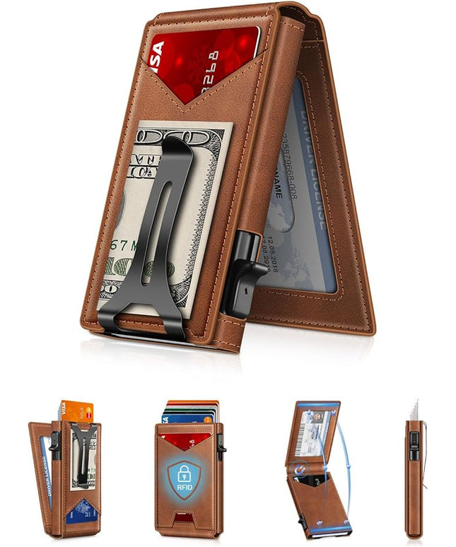 GHUKY Wallet for Men RFID Wallet with Money Clip, Slim Pop Up Card Holder for 10-12 Cards, Minimalist Smart Credit Card Case with ID Window, Bifold Metal Wallet for Front Pocket, Gifts for Men