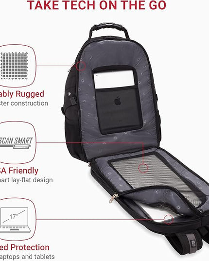 SwissGear 1900 ScanSmart 17” Laptop Backpack Black – Reflective Tech Backpack with ScanSmart Compartment – Multiple Organizer Pockets & RFID Scan Blocking Technology