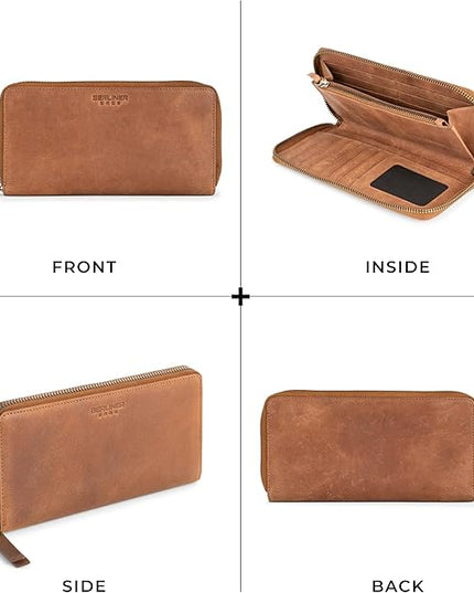 BERLINER BAGS Vintage Genuine Leather Wallet Margo, RFID Blocking Credit Card Holder, Slim Womens Wallet, Zip Around Wallet for 13 Cards and ID window, Bills, Coins - Brown