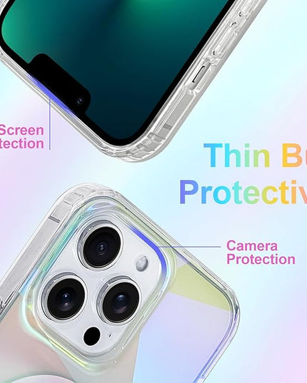 Cute Case for iPhone 13 Pro Case for Women Girls [ Compatible with Magsafe ] Clear Glitter Girly Aesthetic Rainbow Sparkly Bling Magnetic Phone Cover, Iridescent Geometry