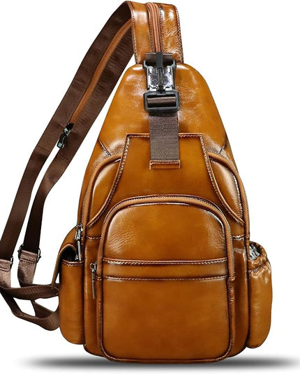 Genuine Leather Sling Bag for Men and Women Handmade Sling Backpack Purse Chest Over Shoulder Crossbody Bag Large Capacity (Brown)