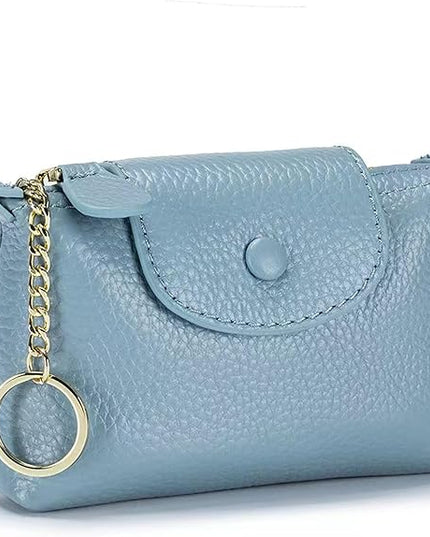 Plinvo Vintage Genuine Leather Coin Purse Keychain for Women Mini Zip Wallet Change Pouch Black (Blue)