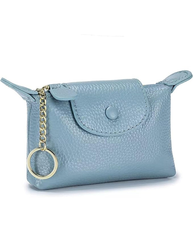 Plinvo Vintage Genuine Leather Coin Purse Keychain for Women Mini Zip Wallet Change Pouch Black (Blue)