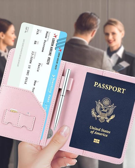 ACdream RFID BLOCKING Passport Holder Travel Wallet, Premium PU Leather Cover Passport Book with Card Holder, Pen Holder, Keep Organization, and Travel Essentials for Women and Men, Bright Pink