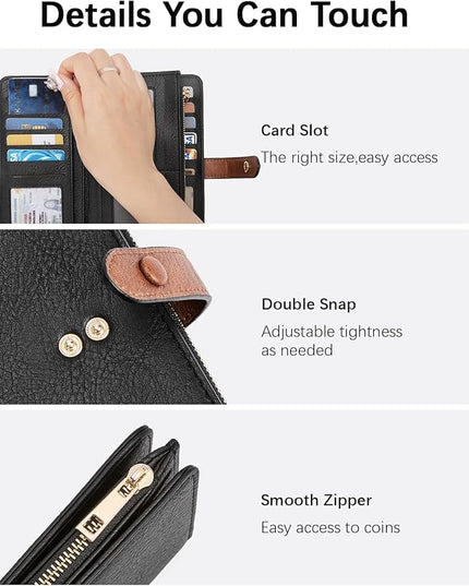 BOSTANTEN Womens Leather Wallets RFID Blocking Large Capacity Trifold Card Holder Ladies Phone Clutch Black＆Brown