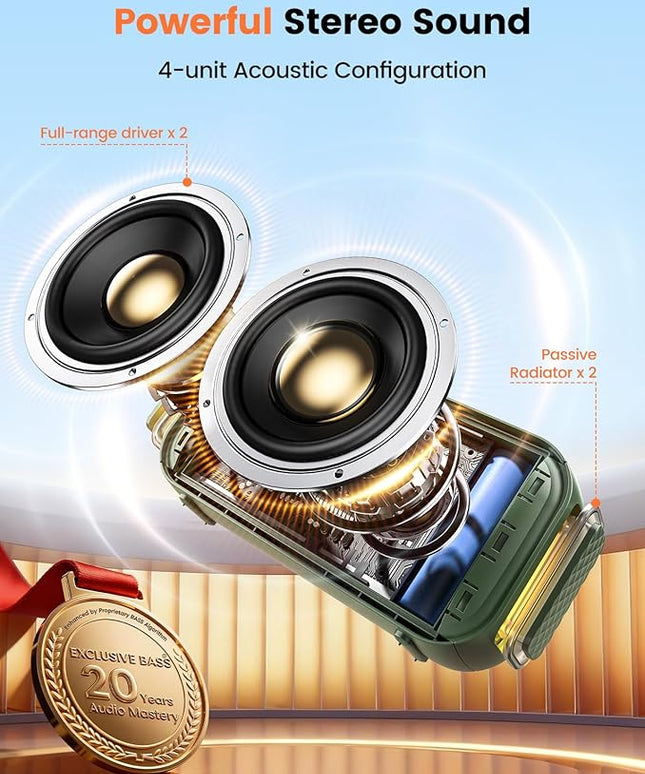 Bluetooth Speaker Stereo 20W Loud Sound: 30H Playtime, IPX5 Water Resistant, Portable Wireless Speakers, Powerful Bass, Lightshow, Birthday Gifts for Men/Adults/Teens, Beach Vacation Essentials, Green