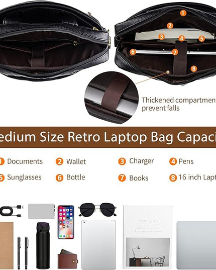 Faux Leather Messenger Bag for Men 15.6 Inch: Laptop Bag Briefcase Computer Handbags Shoulder Crossbody Bag with Padded Laptop Sleeve for Work College Travel, PU Black