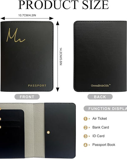 Mr&Mrs Gifts Matching Passport Holders for Mr and Mrs, Gold Foil Logo, Dual PU Leather with Card Pockets, Honeymoon Travel Essentials Gift for Newlyweds(MM Black White)