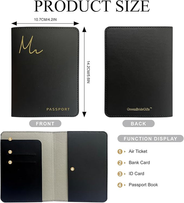 Mr&Mrs Gifts Matching Passport Holders for Mr and Mrs, Gold Foil Logo, Dual PU Leather with Card Pockets, Honeymoon Travel Essentials Gift for Newlyweds(MM Black White)
