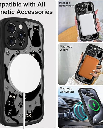 Cute Case for iPhone 15 Pro Max Case [Compatible with MagSafe] with Kawaii Black Cats Cat Print Pattern Design for Women Girls, Soft Wavy Edge Anti-Slip Animal Magnetic Protective Phone Cover