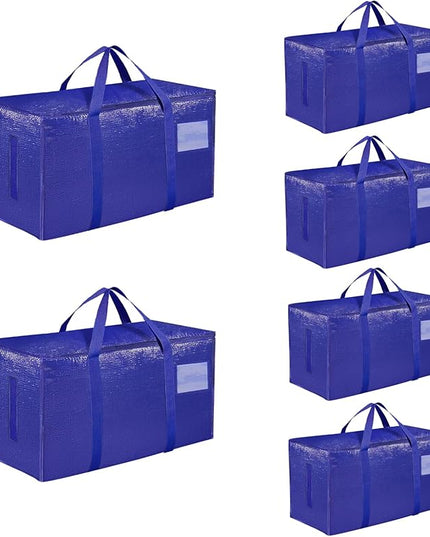 6 Pack-Extra Large Heavy Duty Moving Bags - Waterproof Storage Totes with Handles & Zippers, Foldable for College Dorm, Storage (Blue)