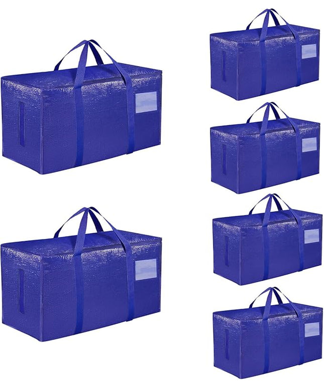 6 Pack-Extra Large Heavy Duty Moving Bags - Waterproof Storage Totes with Handles & Zippers, Foldable for College Dorm, Storage (Blue)