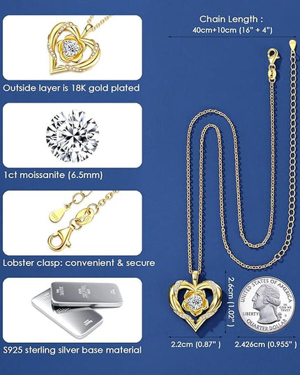Beam & Bask Rose Flower Heart Moissanite Necklaces for Wife, S925 Silver Pendant for Women, 18K Gold Plated Jewelry for Her Girlfriend Mom for Anniversary Birthday