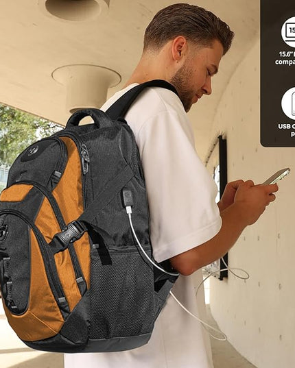 Swissdigital Design Laptop Backpack with USB Charging Port, Travel Backpack Fits 15.6 inches Computer, 31L College School Backpack for Men, Orange/Black | SD803-66