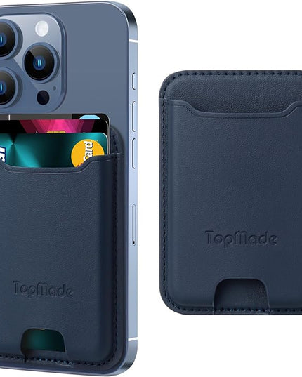 TopMade Phone Card Holder, Premium Leather Phone Wallet Stick on, Stronger 3M Adhesive Credit Card Holder for Back of Phone Case, iPhone, Samsung, and Android, RFID Blocking, Fit 4 Cards, Blue