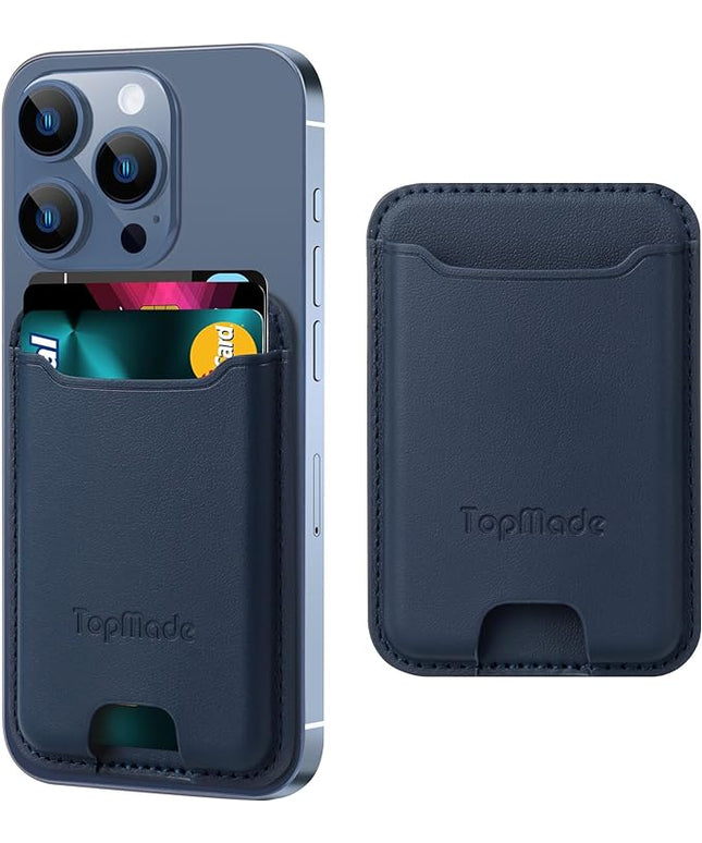 TopMade Phone Card Holder, Premium Leather Phone Wallet Stick on, Stronger 3M Adhesive Credit Card Holder for Back of Phone Case, iPhone, Samsung, and Android, RFID Blocking, Fit 4 Cards, Blue