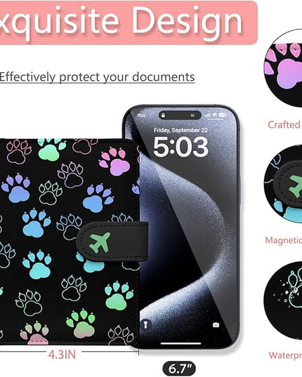 Passport Holder, Travel Wallet Cover with Pen Loop | Cute RFID Blocking Leather Case with Magnetic Closure for Travel Essentials-Pawprint