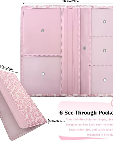 Car Registration and Insurance Holder with Magnetic Closure, Universal Document Organizer for License, Insurance Cards & Glove Box Storage (Heart-Pink)