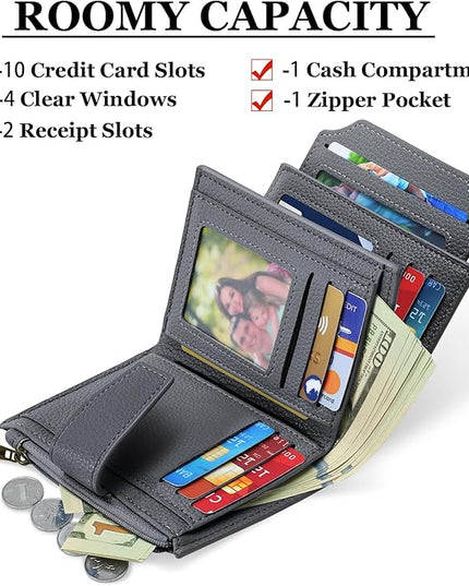 Airkit Small Wallet Women RFID Blocking Soft Leather Bifold Compact Card Holder Wallet for Women with Zipper Coin Pocket 4 ID Window