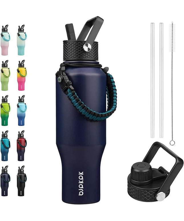 BJPKPK Insulated Water Bottles with Straw Lid, 35oz Metal Water Bottle with 2 lids & Paracord Strap, Double Wall Stainless Steel Vacuum Tumblers, Cups, Mugs, Thermo for Hot& Cold Drinks, Navy Blue