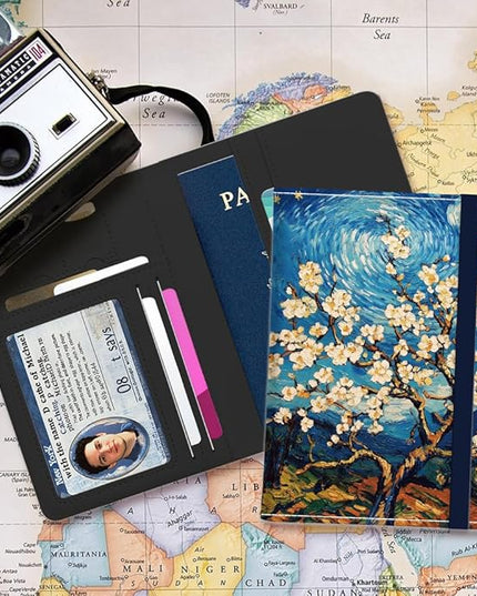 PU Leather Passport Holder Cover 5.9×4.3 Inch with Credit Card Slot and Boarding Pass Slot Combo Blocking Passport Holder Wallet Cover Case for Travel Boarding Essentials (Blossom)
