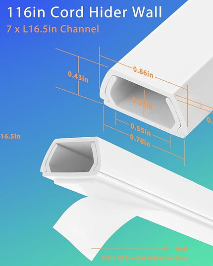 Wall Cable Hider Kit, 116in TV Wire Hider for Wall, Paintable Cord Hider Wall, Cord Organizer Hide 1-2 Cords Wall Mounted TV, Wire Cover for Wall, Cord Concealer 7XL16.5 W0.86 H0.43in, White