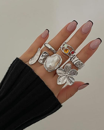 Chunky Gold Rings for Women Non Tarnish Statement Flower Ring Baroque Pearl Stackable Rings Set 6Pcs Chunky Jewelry
