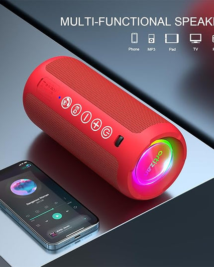 Ortizan Portable Bluetooth Speaker: IPX7 Waterproof, 24W Loud Sound, Deep Bass, Bluetooth 5.3, LED Lights, Wireless Stereo Pairing, 30H Playtime, for Home/Outdoor/Party/Beach, Birthday Gift (Red)