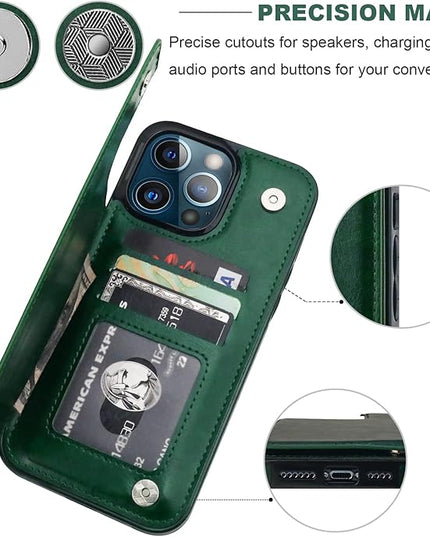 ONETOP Compatible with iPhone 13 Pro Max Wallet Case with Card Holder,PU Leather Kickstand Card Slots Case, Double Magnetic Clasp and Durable Shockproof Cover 6.7 Inch(Green)