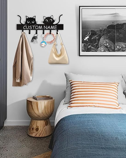 Personalized Metal Key Holder for Wall, Cat Key Holder Wall Mount, Custom Name Cat Coat Key Rack with Hook, Key Hanger Gifts for Cat Lovers, Cute Key Holder Organizer for Entryway Bedroom Decor