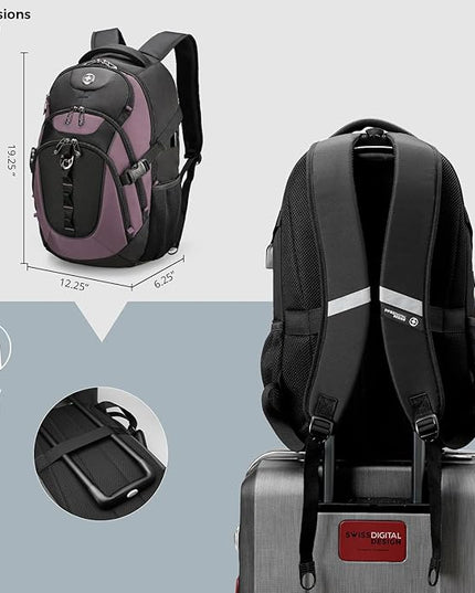Swissdigital Design Laptop Backpack with USB Charging Port, Travel Backpack Fits 15.6 inches Computer, 31L College School Backpack for Women, Light Purple/Black | SD803-85