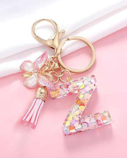 Fashion Alphabet Initial Letter Keychain Tassel Butterfly Pendant Key Ring for Purse Handbags Women Girl