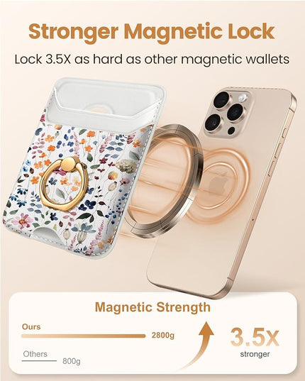 Shorogyt Compatible with Magsafe Wallet Magnetic Card Holder - Phone Wallets with Ring Grip Stand Cute Fashion for iPhone 17/16/15/14/13/12 Series for Women Girls Wild Flower Design, Fit 3 Cards