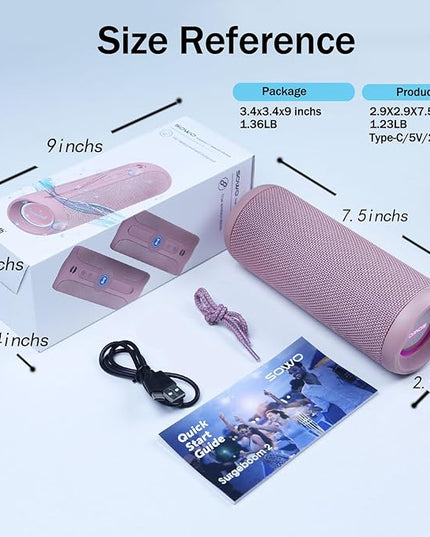 SOWO Outdoor Wireless Portable Bluetooth Speaker, IPX7 Waterproof Speaker, 25W Loud Sound, Bassboom Technology, TWS Pairing, 16H Playtime with Lights - Pink