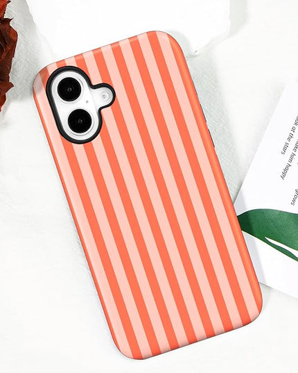 Magnetic for iPhone 16 Case Cute Stripes Phone Case, Shockproof Slim TPU and Hard PC Protective Phone Cover Compatible with MagSafe Designed for Women Girls, Deep Orange
